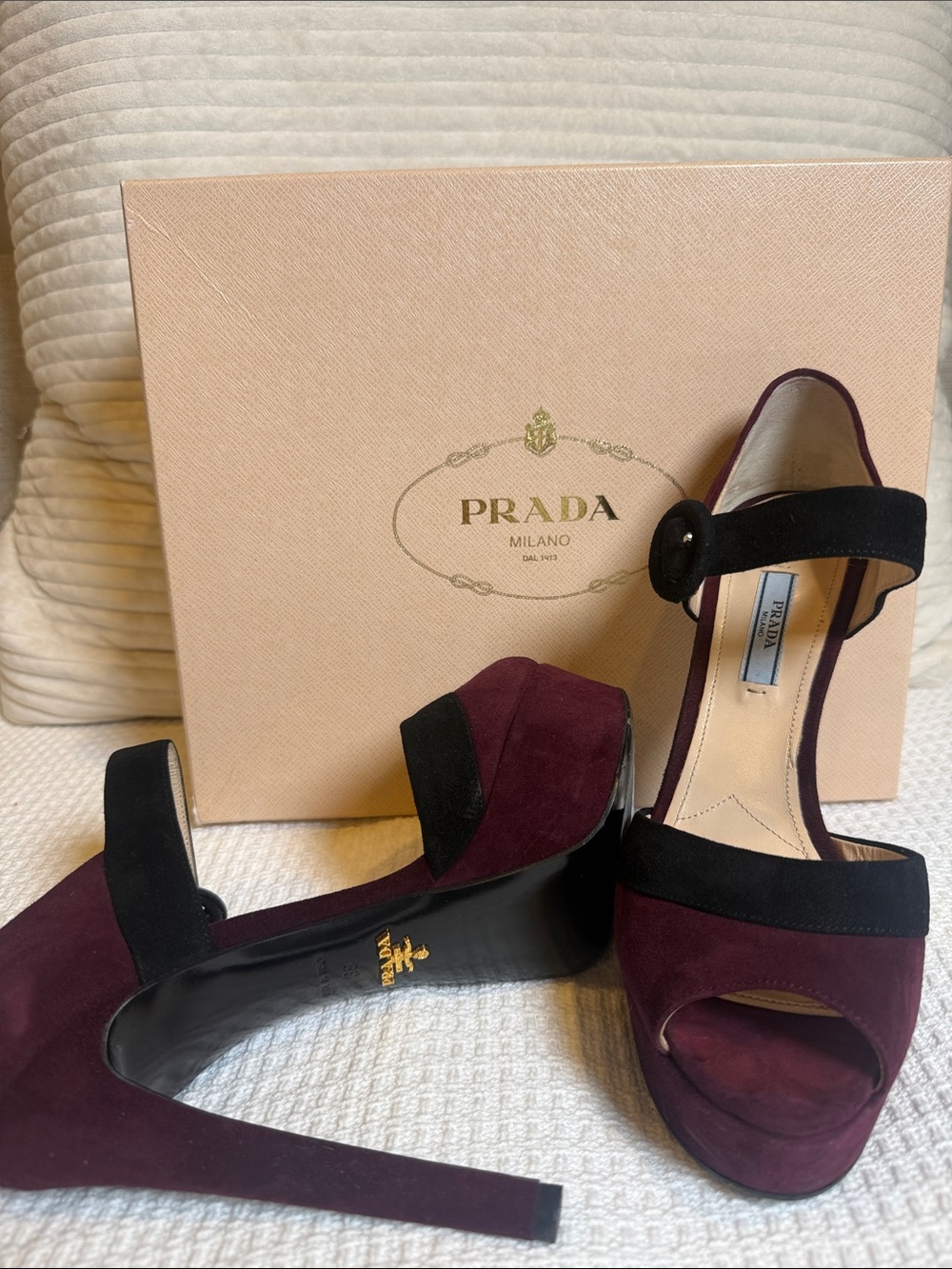 Prada Burgundy and Black Suede Platform Heels
